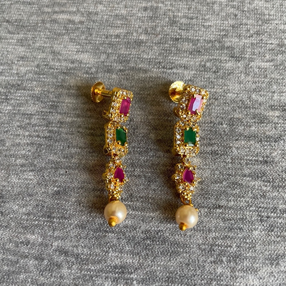 Gold-Tone Pink & Green Stone Dangle Earrings with Pearl Drop